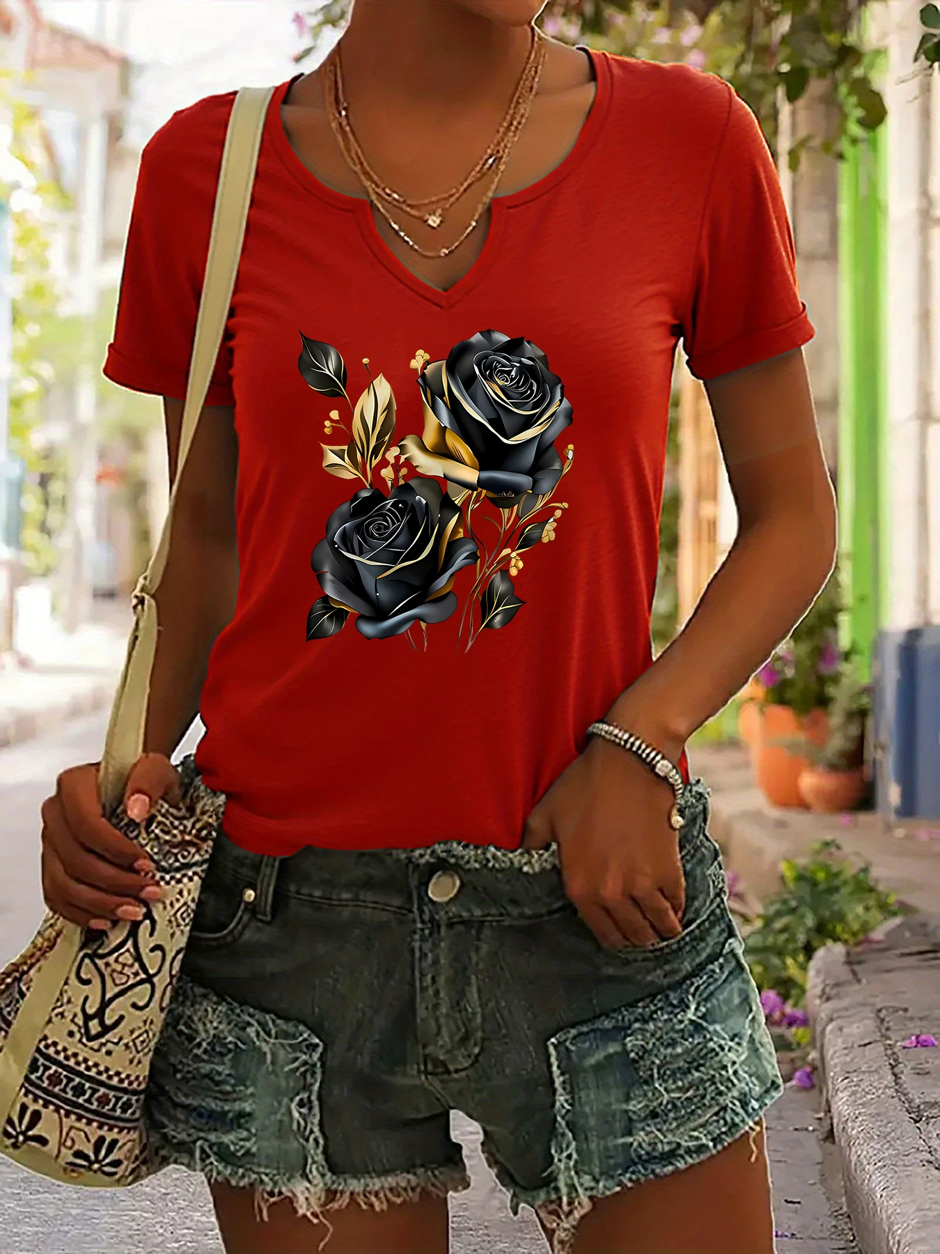 Women Summer Notch V Neck Short Sleeve T-Shirt, Black and Golden Rose Floral Graphic Print Vintage Casual Daily Tee