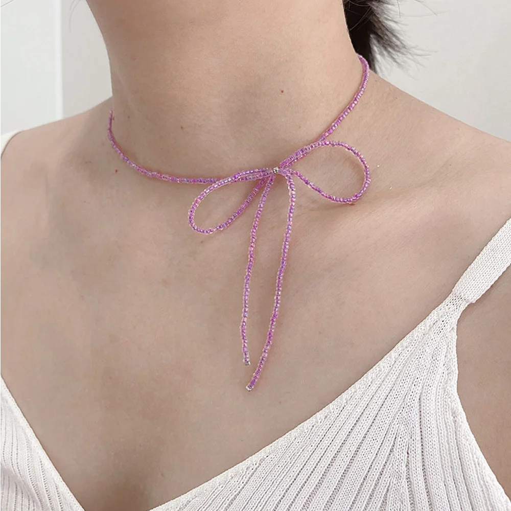 One Piece Fashion Exquisite Butterfly Bow Knot Y2K Sweet Pink Color Beaded Necklace Woman Daily Party Gift Daily Jewelry