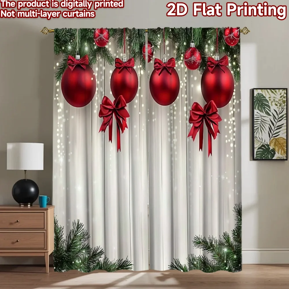 2D flat 2pcs Curtain Home Short Curtains Christmas Red Ornaments Garland Digitally printed polyester, colorfast Party