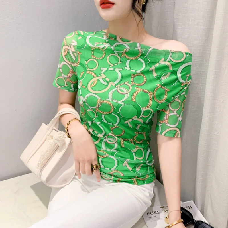 

#5505 Green Red Printed Mesh T Shirt Women Slash Neck Vintage Office T Shirt Female Short Sleeve Korean Style Womens Tee Shirts