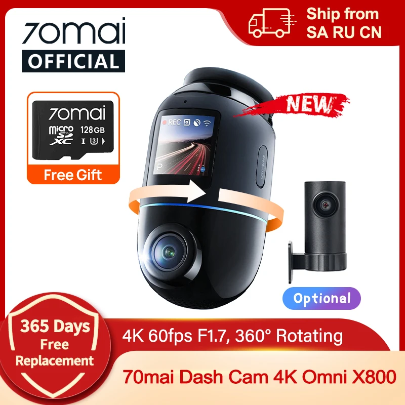 Versión global 70mai Dash Cam 4K Omni X800 HDR 360 °   Supercondensador giratorio compatible con 4G de doble canal 70mai X800 Omni