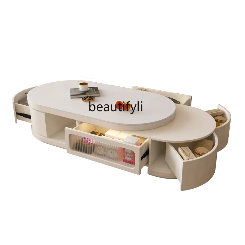 

x1Cream Style Coffee Table TV Cabinet Combination Living Room Home Modern Simple Retractable Stone Plate Milky White