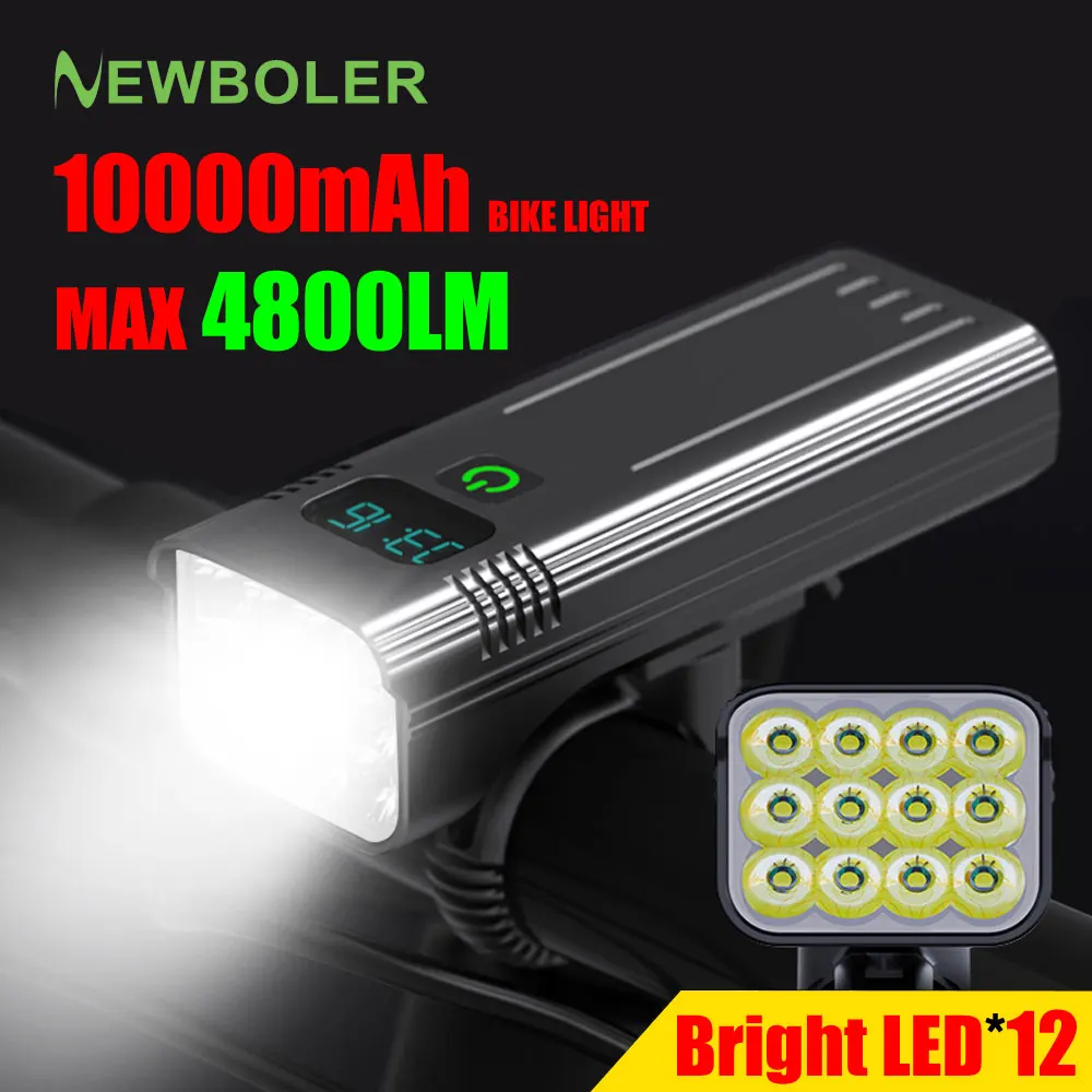 NEWBOLER 12 LED 자전거 빛 4800 루멘 USB 충전식 알루미늄 MTB 자전거 빛 10000mAh 보조베터리 헤드 라이트 자전거 액세서리 