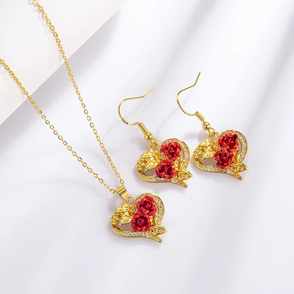 925 Sterling Silver Gold Plated Rose Flower Heart Shaped Necklace Earrings Set for Women Beautiful Engagement Party Jewelry