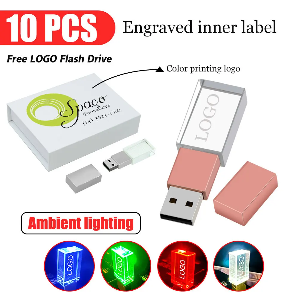 10PCS/LOT USB2.0 Flash pen drive With box Crystal Pendrive 4GB 16GB 32GB 64GB 128GB Transparent Glass Photography Gift free logo