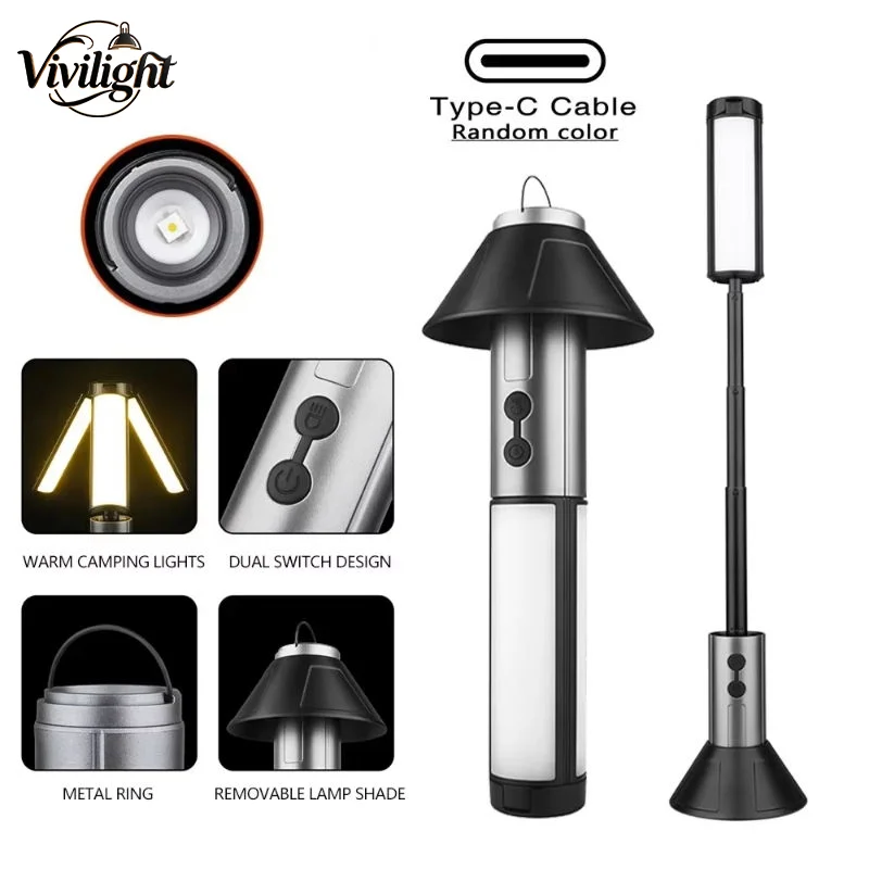 

Rechargeable Telescopic Multi-functional Camping Light 2 in 1 Camping Lantern Flashlight with Hook Outdoor Emergency Work Light
