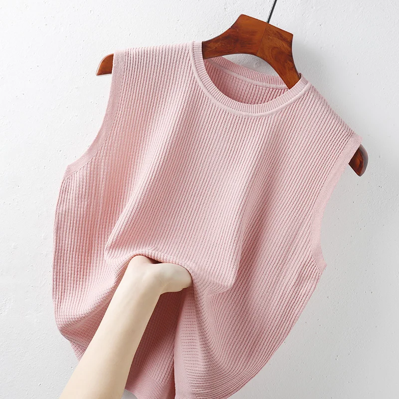 

Summer New 2024 Knitted Women Camis Sleeveless O-Neck Solid Elegant Office Lady Pulls Outwear Tops Tees