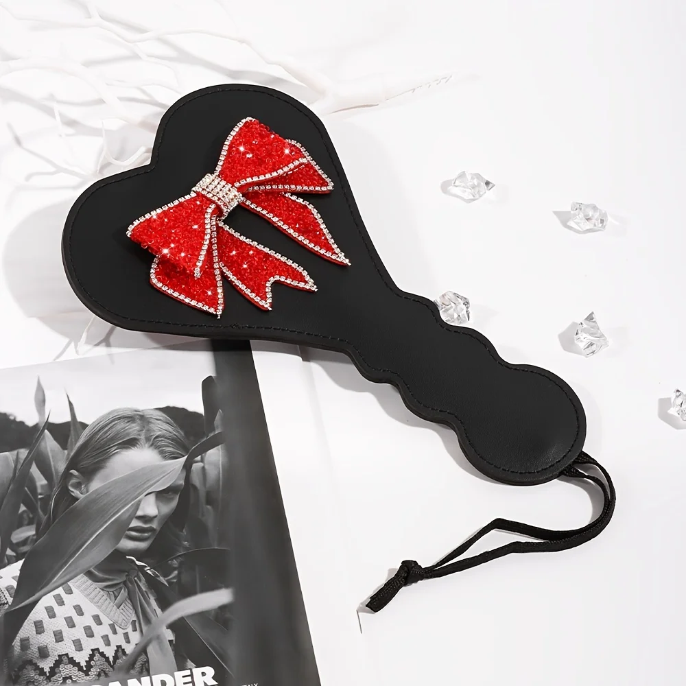 Spanking Paddle with Heart Shaped Leather and Red Bowknot Short Handle Slapping Paddle BDSM Adult Sex Toys for Women and Couples