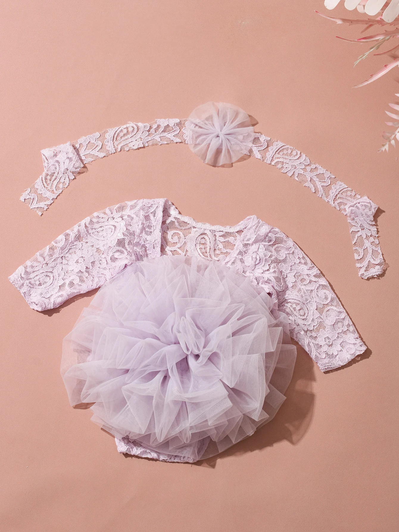 Ylsteed 2-teiliges Set, staubiger rosa Spitzen-Strampler für Neugeborene für Fotoshootings, flauschige Mesh-Spitzen-Fotografie-Outfits mit Stirnband – Detail 20
