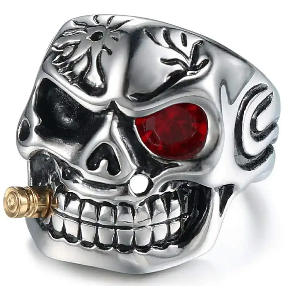 7/8/9/10/11/12/13/14 Red Eye Skull Head Titanium Steel Men White Zircon Ring Tobacco Pipe Male Finger Jewelry Wholesale