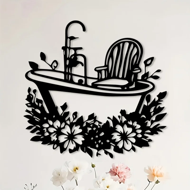 Vintage Bathtub Flowers Metal Wall Art Iron Chair Sculpture Bathroom Living Hanging Mural Christmas Home Decor Gift