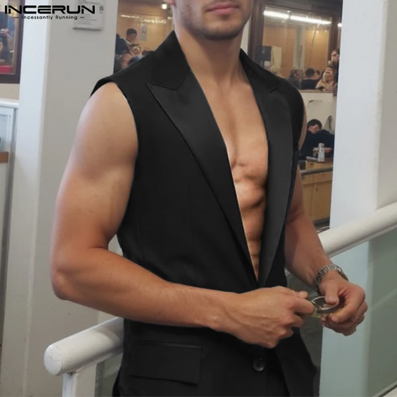 

INCERUN мужские пиджаки, однотонные жилеты без рукавов с лацканами и пуговицами, повседневные длинные стильные жилеты, мужская уличная одежда, модные мужские жилеты 2025 г.