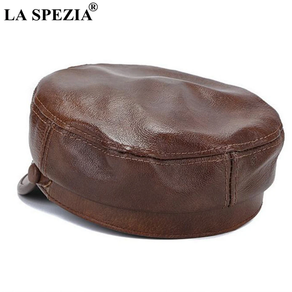 LA SPEZIA Brown Military Captains Hat Men Genuine Cow Leather Newsboy Cap Flat Women Autumn Winter Luxury Designer Sailor Caps