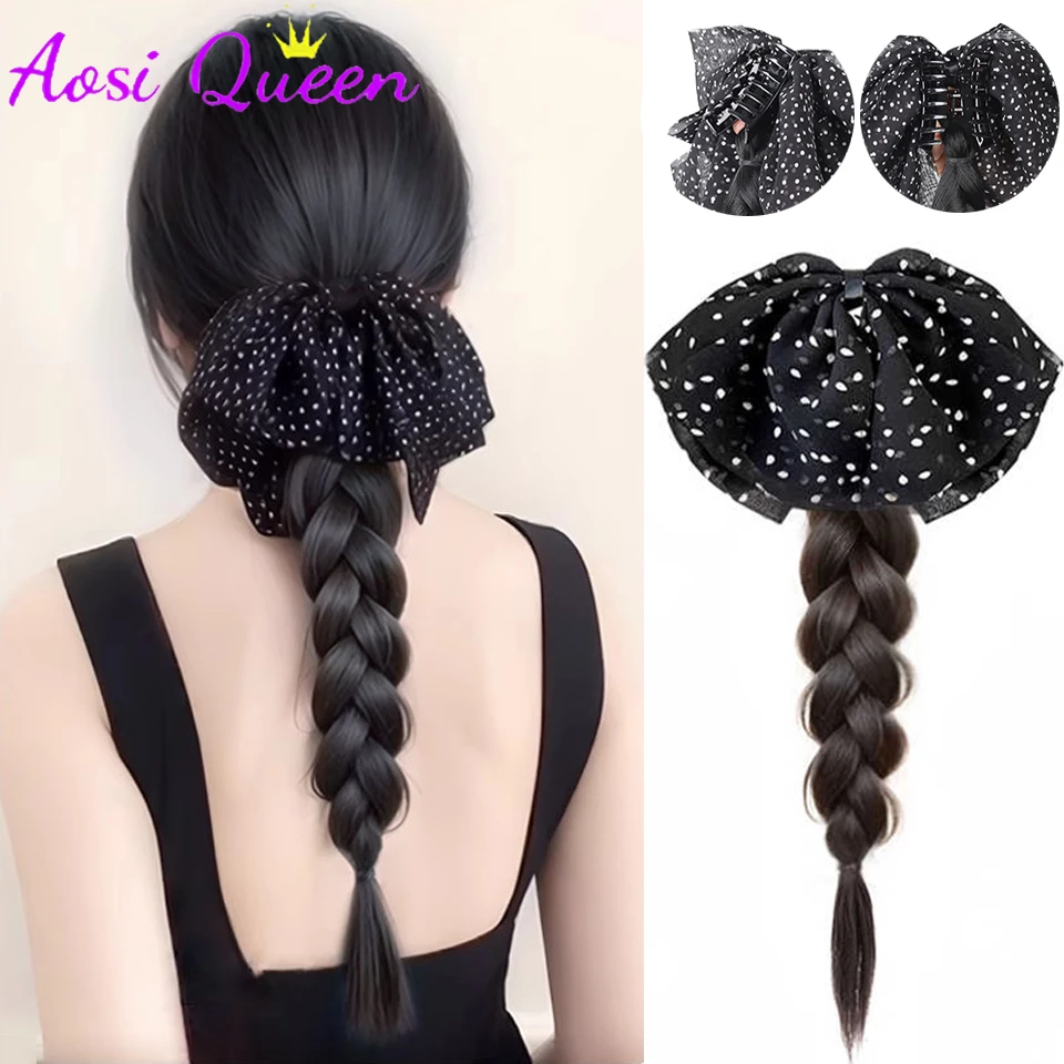 

AS Synthetic Long Straight Polka Bow Claw Clip On Ponytail Hair Extensions SyntheticHeat Resistant Ponytail Hair For Women Daily