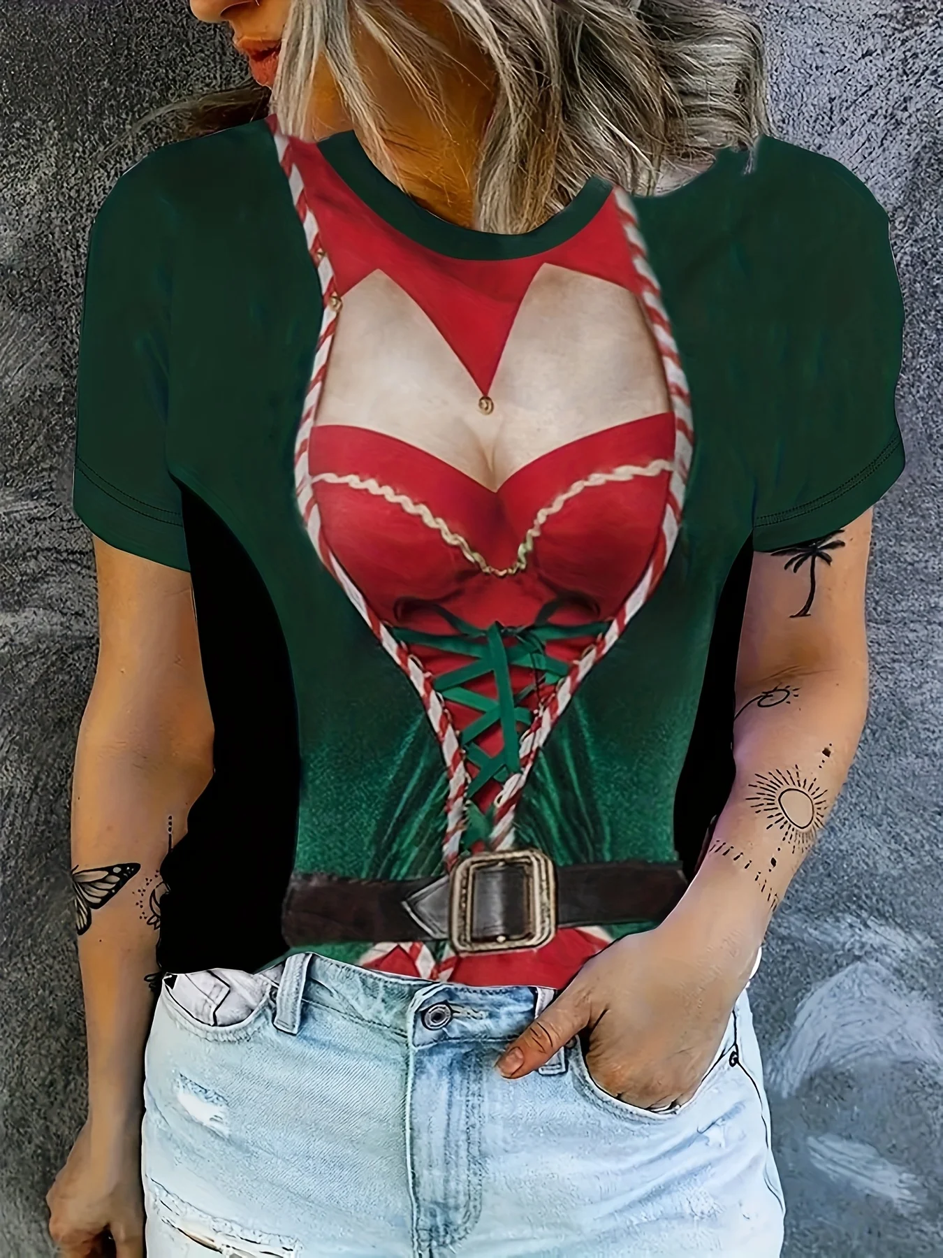 Women's T‑shirt Christmas Elf Costume 3D Fake Outfit Print Short Sleeve Crew Neck Summer Casual Party Tops Women Clothing