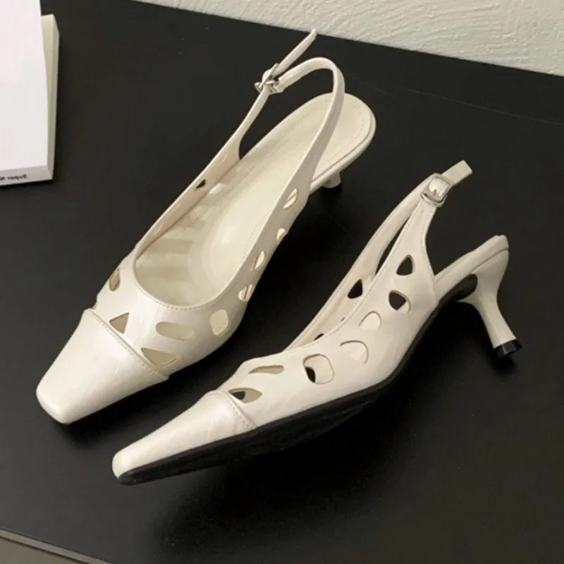 

Elegant White Hollow Heels for Women Fashion Square Toe Buckle Mule Shoes Luxury Brand Designer Pumps Comfort office formal shoe