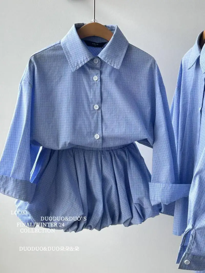 

Girls' Summer Set Fashion College Style New Children's Stylish Thin Checkered Shirt+Skirt 2-piece Set