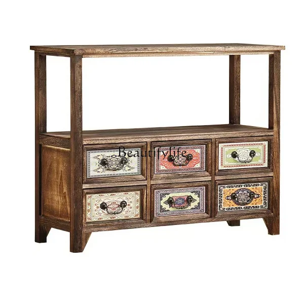 

*All solid wood modern simple dining side cabinet retro home storage American solid wood porch entrance foyer tea cabinet
