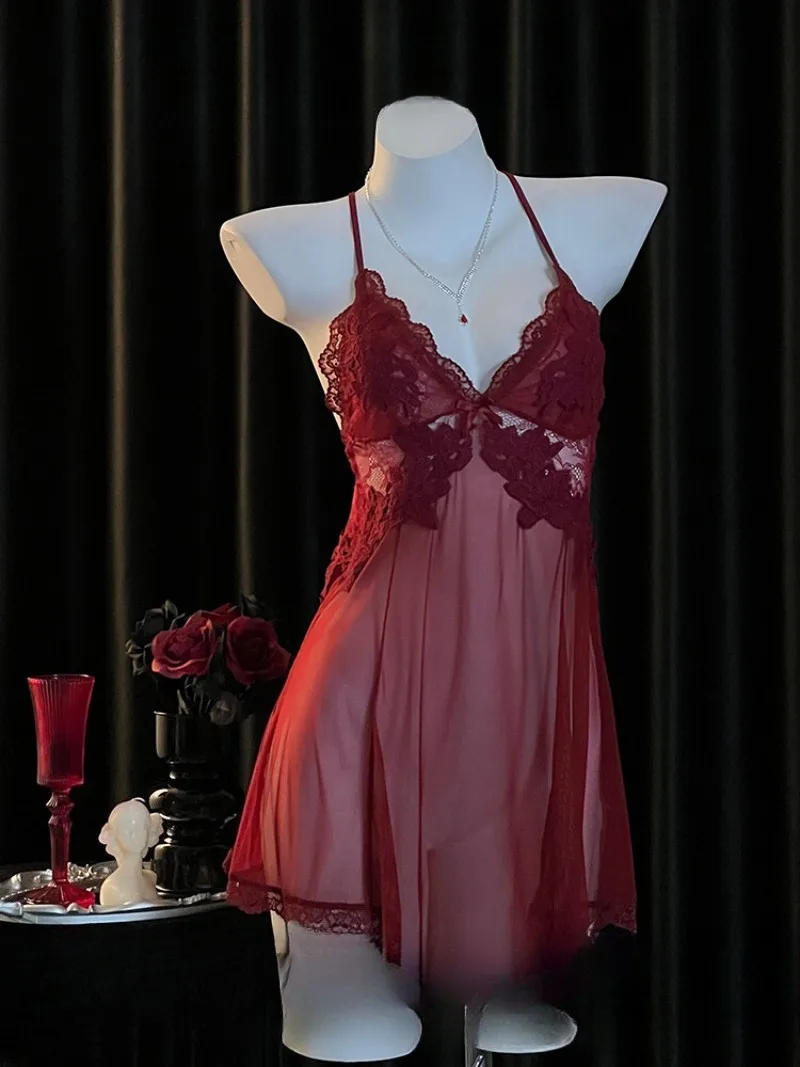 

Wine Red Lace See-Through Nightgown for Women–Sexy Embroidered Backless Pajamas,Pure Desire Style for Intimate Dates