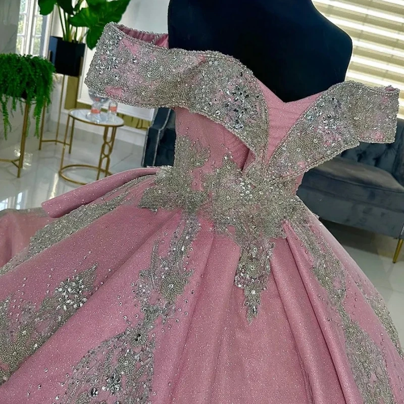 Customized Luxury Pink Women Prom Pageant Dresses Off Shoulder Lace Applique Ball Gown Vestido De 15 Anos Sweet 16 Quinceanera