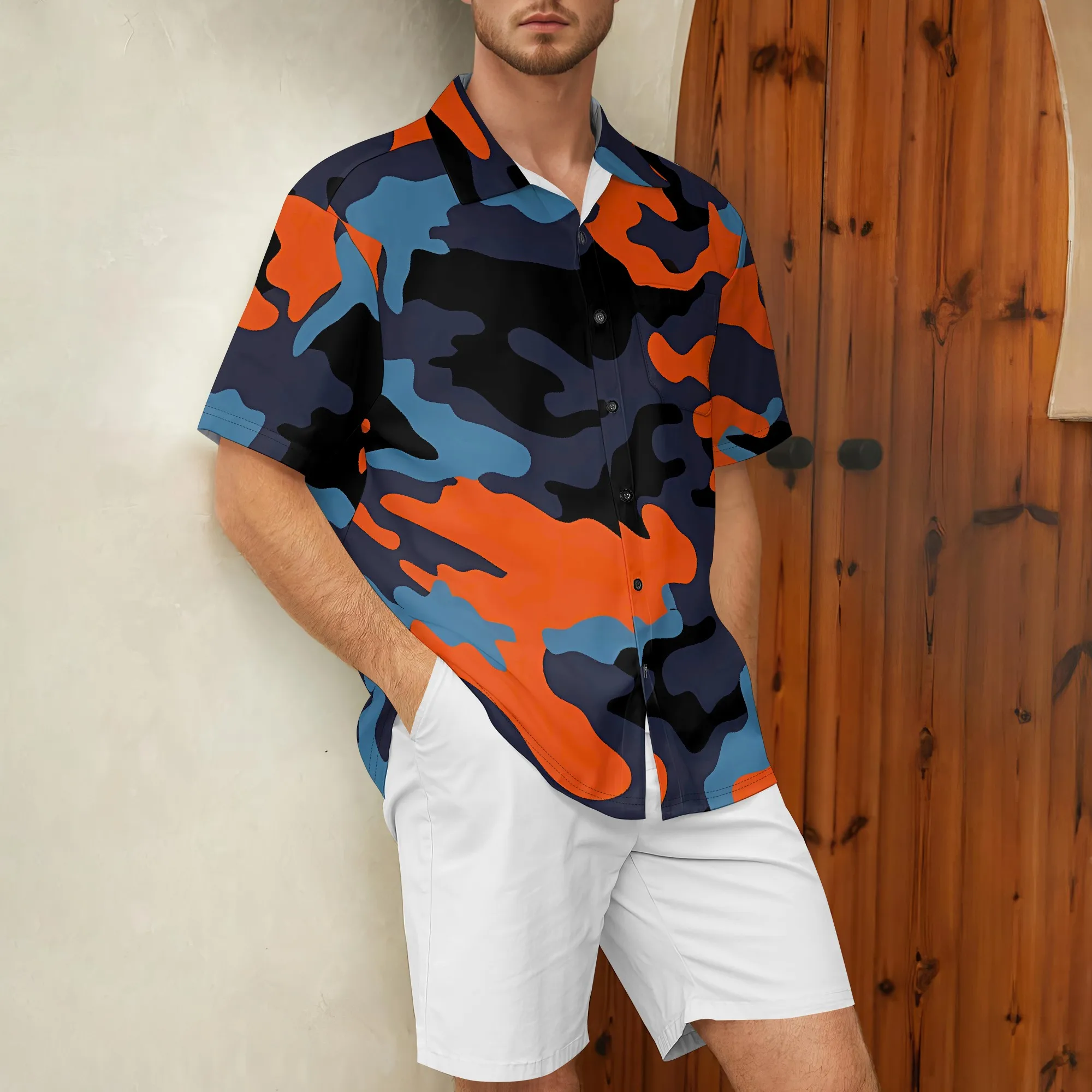 

YEAE Blue Orange Camo Print Shirt for Men Summer Casual Short Sleeve Top