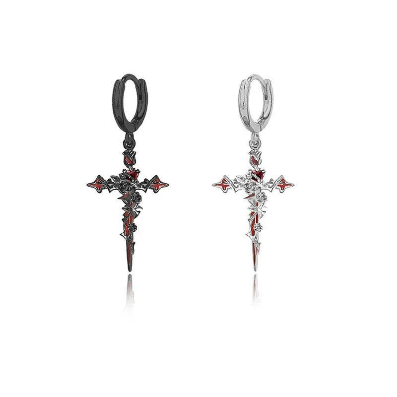 Pendientes de moda retro con forma de cruz de rosa espinosa, estilo oscuro y dulce, colgante de pendiente, collar para fiesta