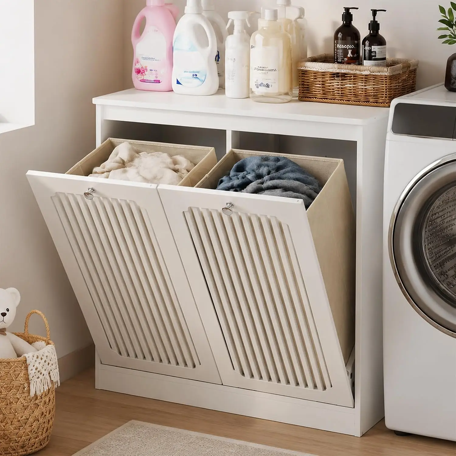 Double Tilt-Out Laundry Hamper Cabinet, Modern Hidden Laundry Hamper with 2 Removable Baskets, Free-Standing, Customized