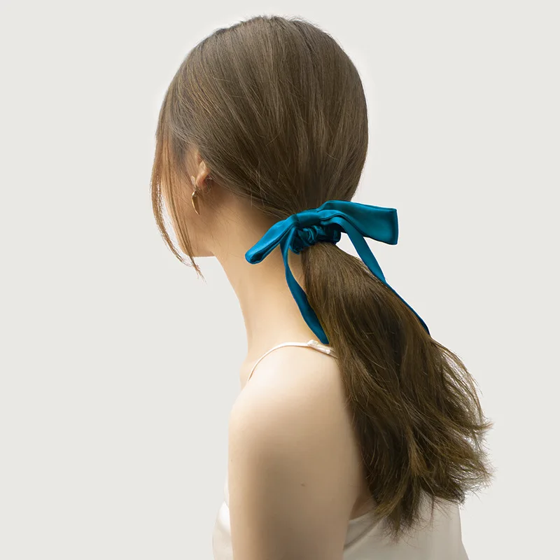 100% Mulberry Silk Hair Scrunchie with Bow Ribbon, Sweet Korean Style Ponytail Hair Tie