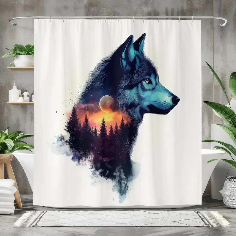 Wolf Moon Shower Curtain, Waterproof Fabric Bath Curtain, Artistic Wildlife Bathroom Decor, Sunset and Forest Wolf Design