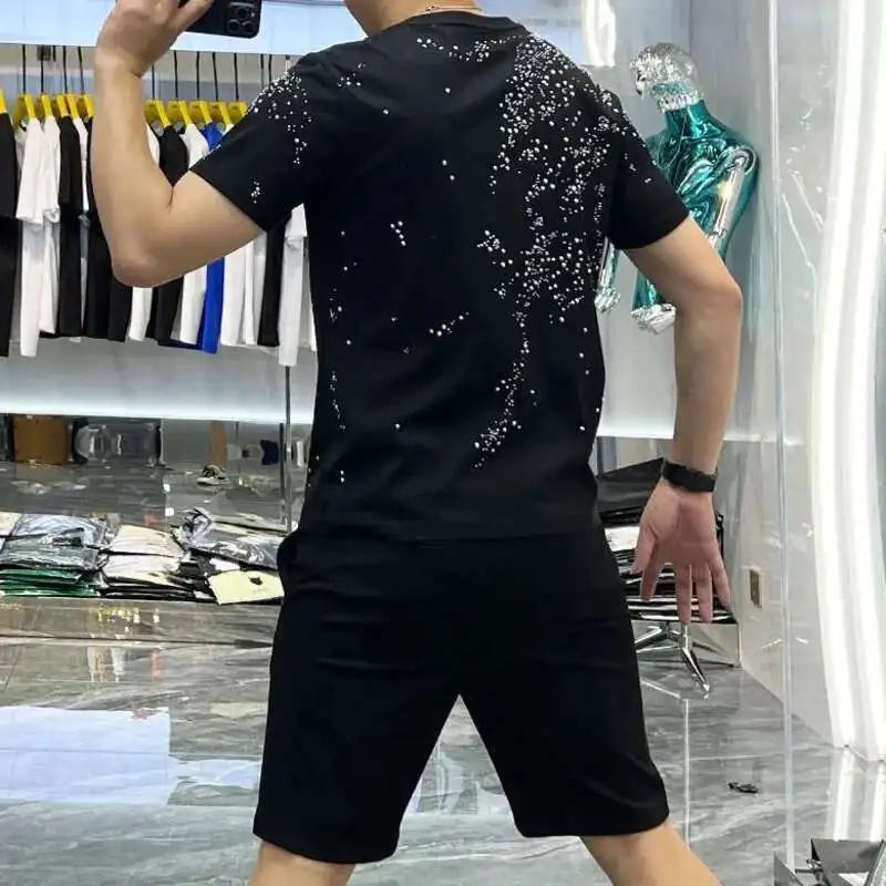 Men Sets Luxy Design With Rhinestones Tshirt & Shorts Men Sportswear Casual Tracksuit Men Quality Black Hot Drill  2-piece Suit