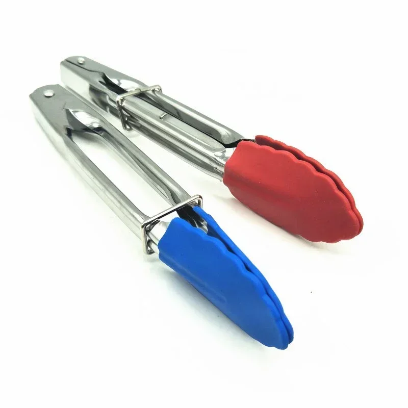 1pc 7 Inch Long Bbq Tongs Non-Slip Handle Stainless Steel Fried Barbecue Clip Salad Bread Clamp Kitchen Tools Meat Food Clip