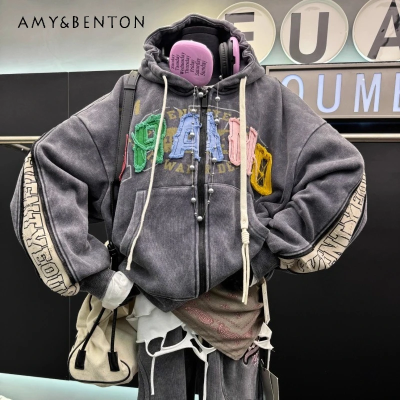 

Winter New Heavy Embroidered Letter Hooded Fleece Sweatshirt Jacket Women's Loose Casual Long Sleeves Zipper Top Sudadera Mujer