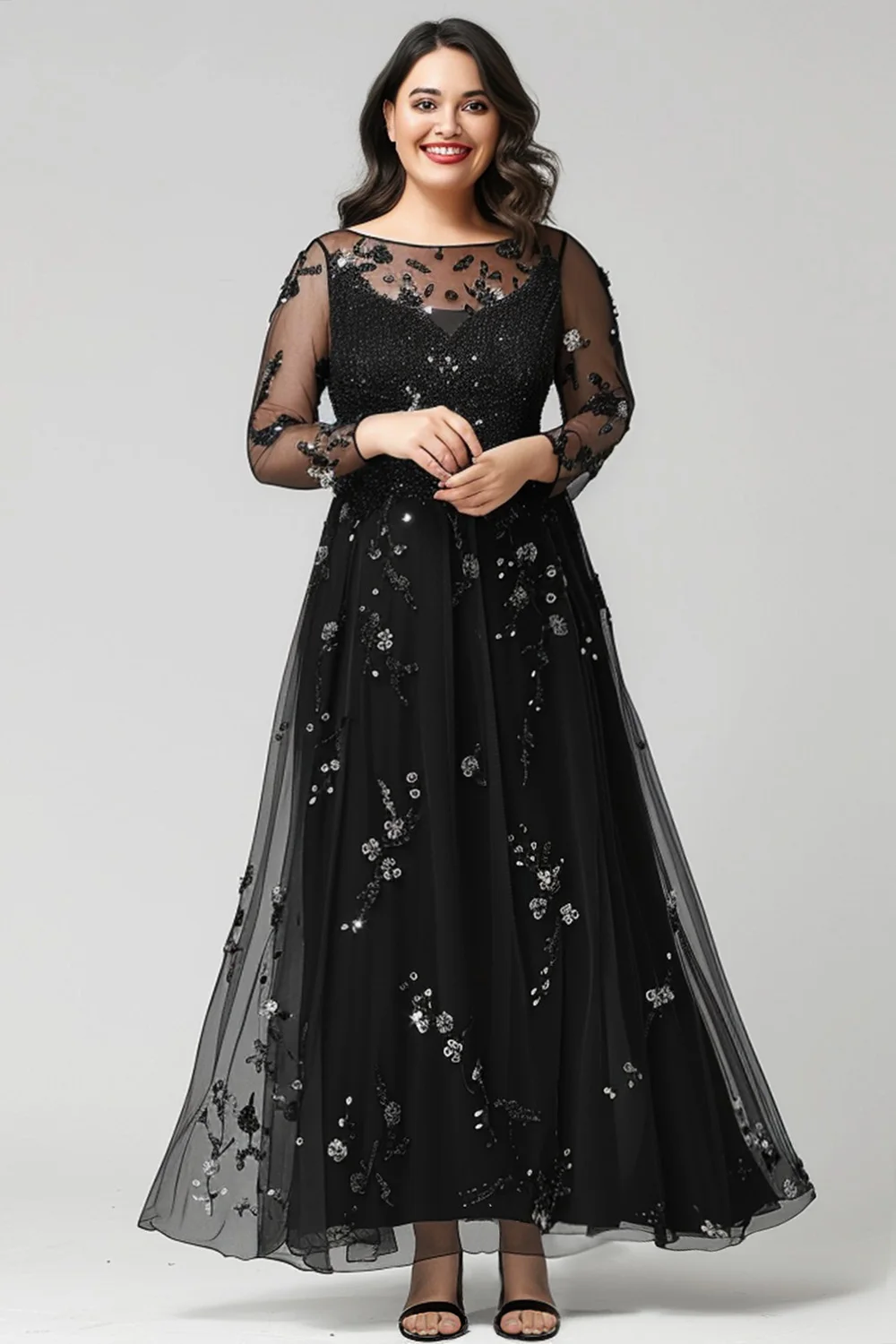 

Flycurvy Plus Size Mother Of The Bride Black Mesh Sequin Long Sleeve Maxi Dress