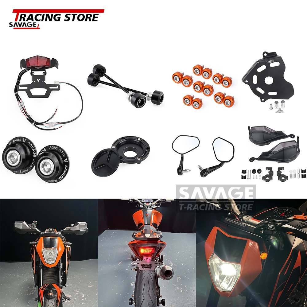 

For 690 DUKE /R Sprocket Guard Handguard Rearview Mirror License Plate Holder Turn Signal Wheel Axle Spools Slider Fuel Tank Cap