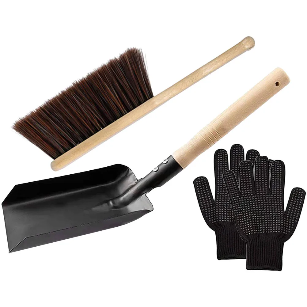 

1Set Fireplace Cleaning Set Carbon Steel Wood Handle Ash Shovel Kit with Broom Duster Silicone Gloves for Stove Coal Fireplace