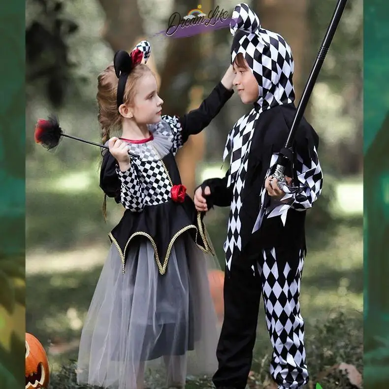 

Children's Halloween Costume Clown Plaid Skirt Masquerade Party Boys' Performance Outfit Girls' Ethnic Stage Costume