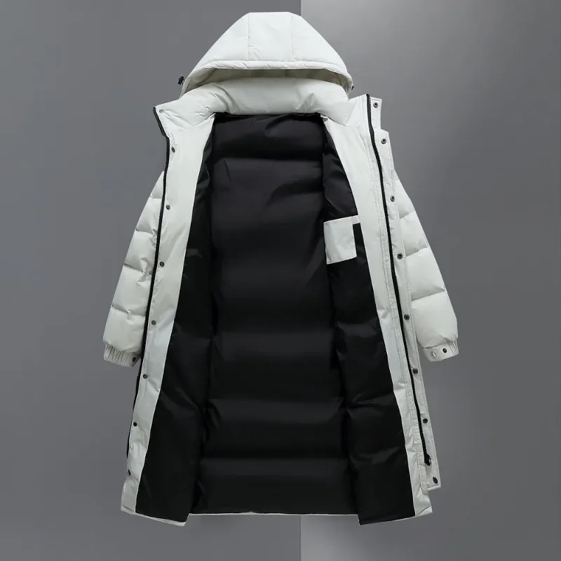 Mens Winter Long Down Jackets Mens Casual Hooded White Duck Down Coats High Quality Outdoor Ski Thicken Warm Windproof Outwear