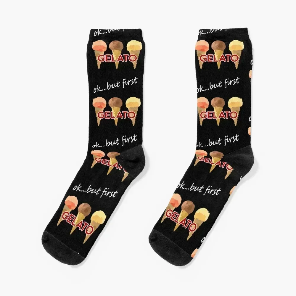 

OK BUT FIRST GELATO ~ Strawberry , Chocolate & Vanilla Cones Socks football Sports gift Socks Men's Women's