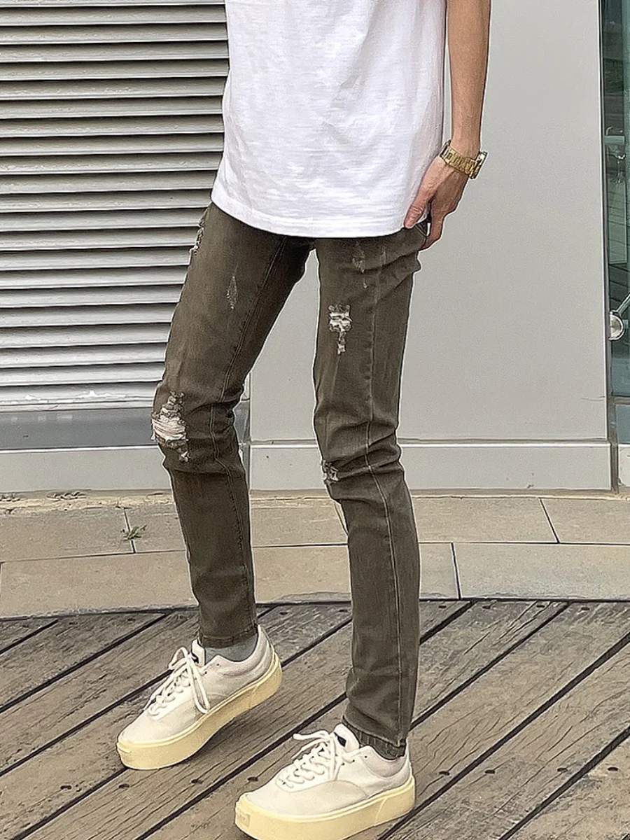 

Trendy Ripped Denim Jeans Men's Slim Fit Long Pants mid Waist Casual Elastic Ankle Pants Washed Large Size Jeans