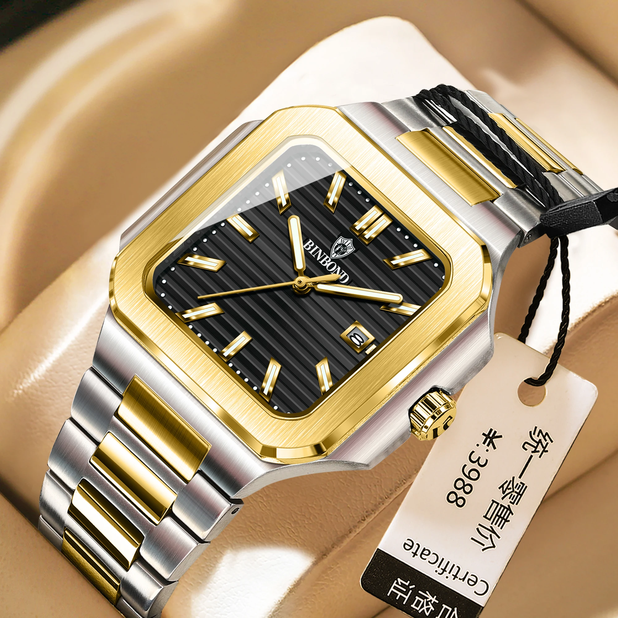 BINBOND الفاخرة ساحة أزياء الرجل ساعة اليد للماء مضيئة تاريخ الأسبوع الكوارتز ساعات رجالية الفولاذ المقاوم للصدأ الرجال ووتش Reloj #1