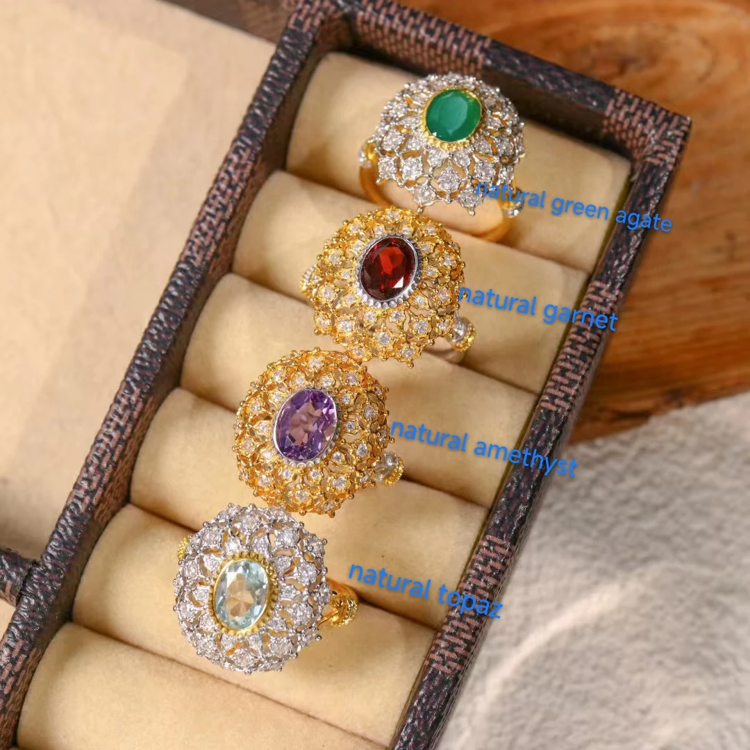 

Certificated 925 Silver Natural Gemstone Rings Real Untreated Garnet/Amethyst/Topaz/Green Agate Cocktail Band Women Fine Jewelry