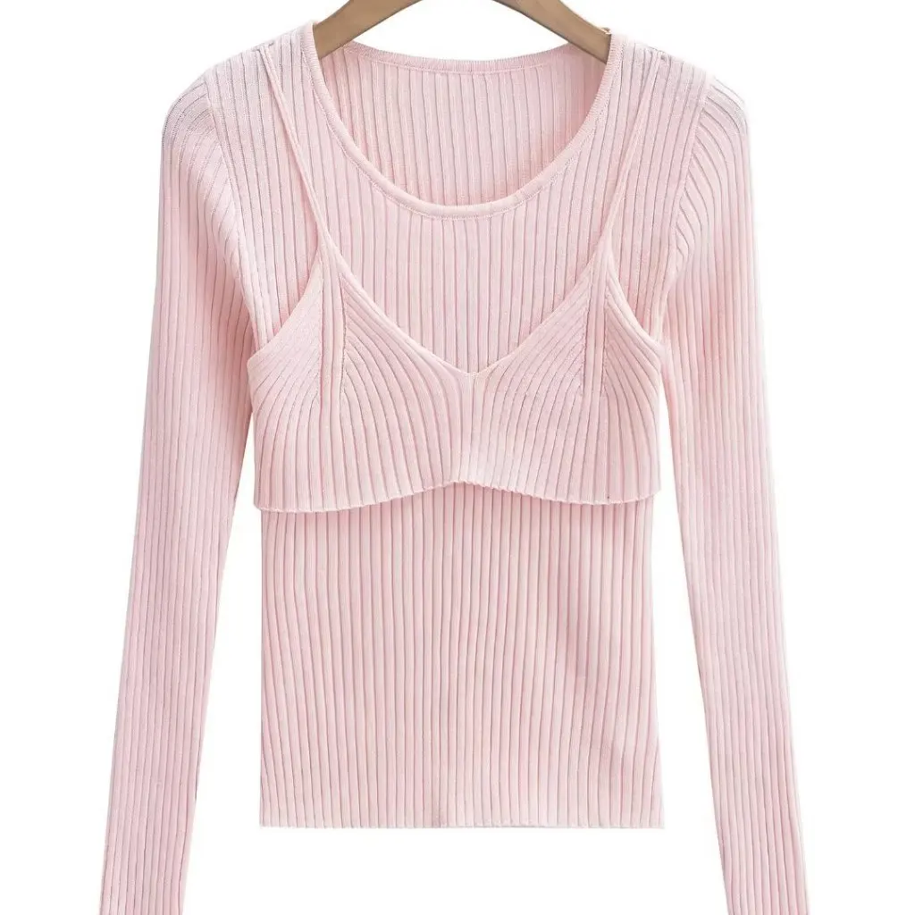 

Women's Design Sense Long-Sleeved Sweater Pure Thin Slim Fit round Neck Top Fake Two-Piece Style Slightly Transparent