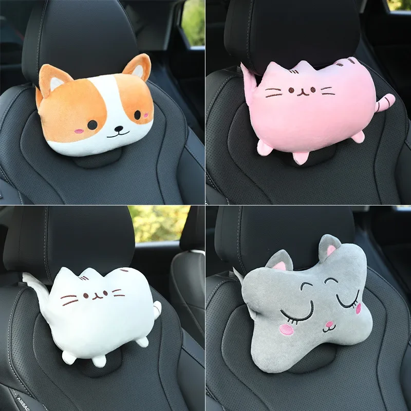 1 Pair Cartoon Cute Cat Car Seat Headrest Plush Pad Safety Pillow Creative Corgi Car Neck Pillow Kawaii Car Accessories Interior