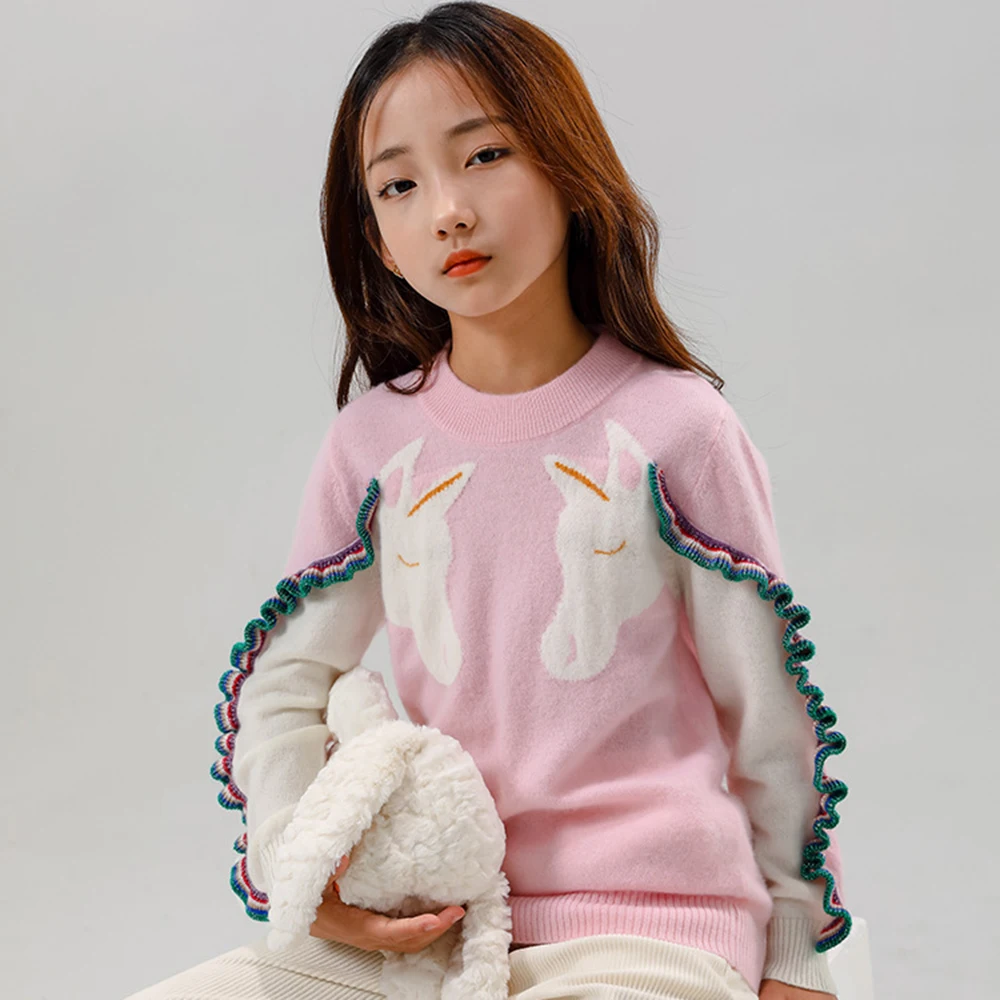 Childrens High quality cashmere sweater girl Round neck pullover Sweater Long sleeved Cartoon Unicorn wool Sweater children Coat