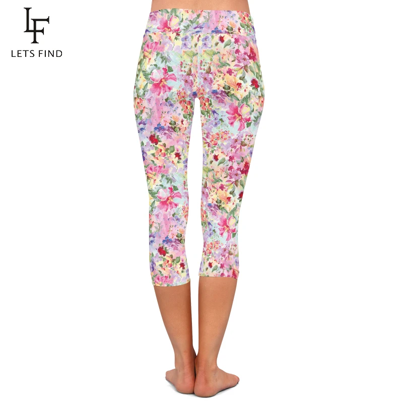 LETSFIND-Leggings Capri desenhadas à mão para mulheres, legging capri, stretch, magro, meio da panturrilha, 3/4, estampa floral, fitness, sexy, verão, novo