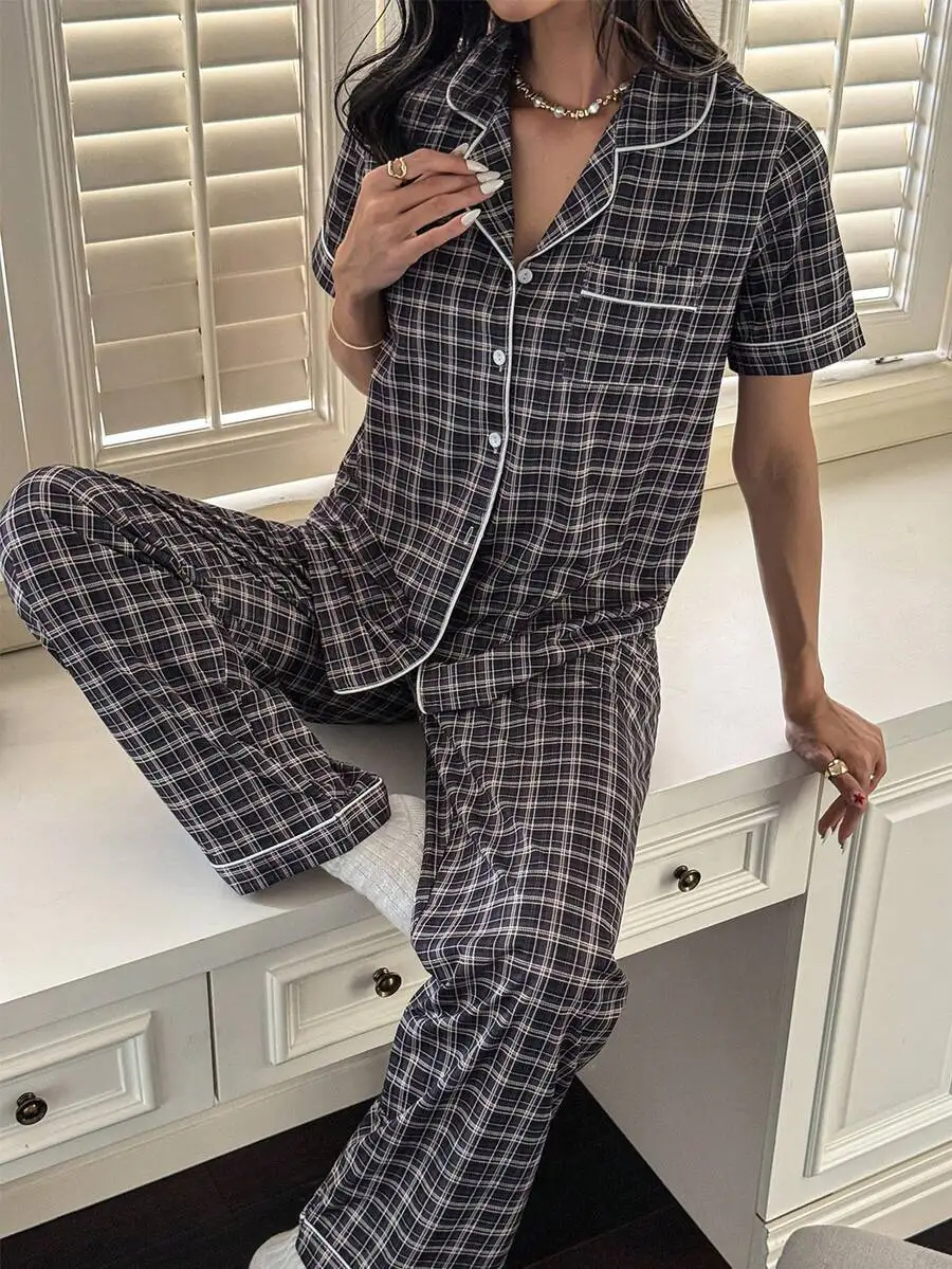 

Women Plaid Print Lapel Pajama Set Short Sleeve Sleepwear