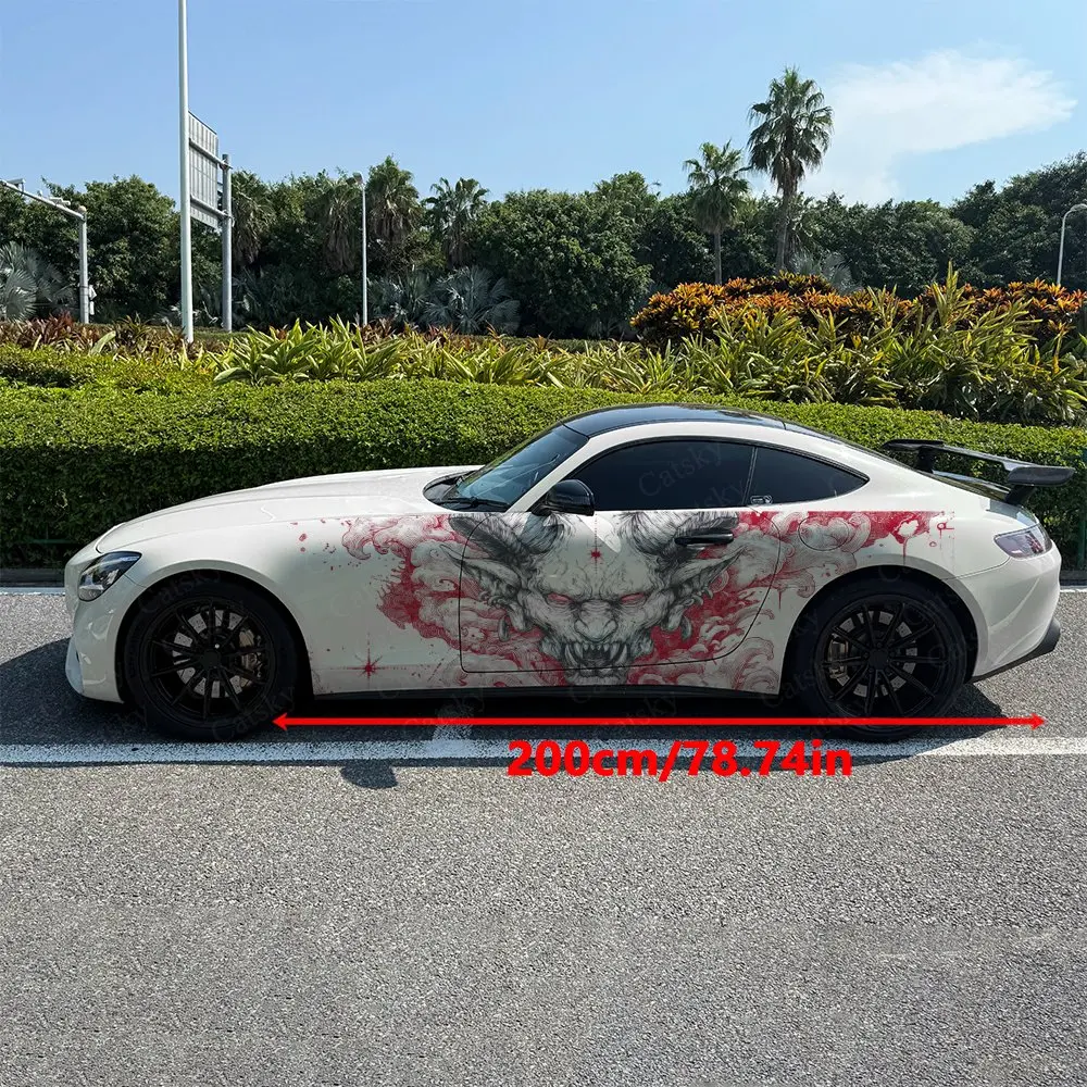 2pcs Red Ink Splashing Angry Hannya Car Side Wrap, Self-Adhesive PVC Waterproof & Scratch-Resistant Stickers, Car Accessory Gift