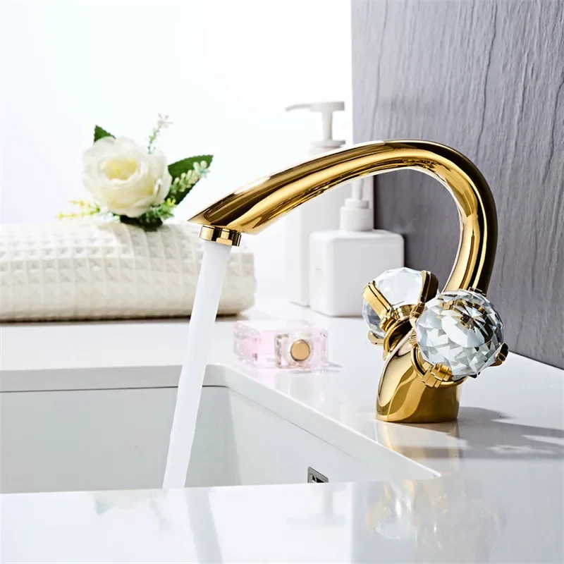 

Gold Bathroom Faucet Brass Double Hande Bathroom Basin Faucet Cold Hot Water Mixer Lavotory Faucet Sink Tap Deck Mounted Tap