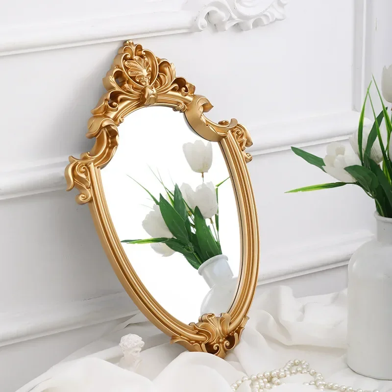 European Vintage Bathroom Wall Hanging Makeup Mirror Travel Victorian Baroque Small Framed Makeup Mirror Resin Gold Wall Mirror