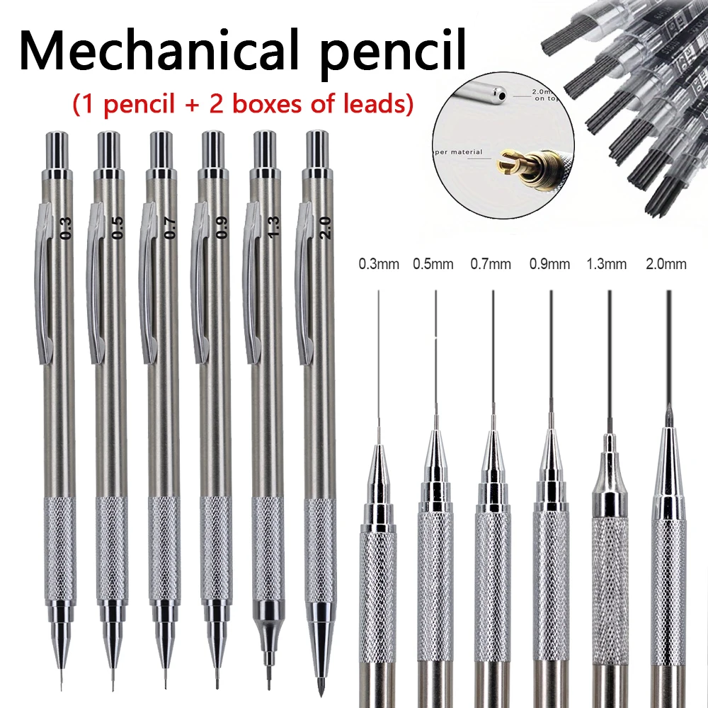 0.5 0.7 0.9 1.3 2.0mm Mechanical Metal Pencil Set Art Drawing Painting Automatic Pencil with 2box Leads Office School Supply